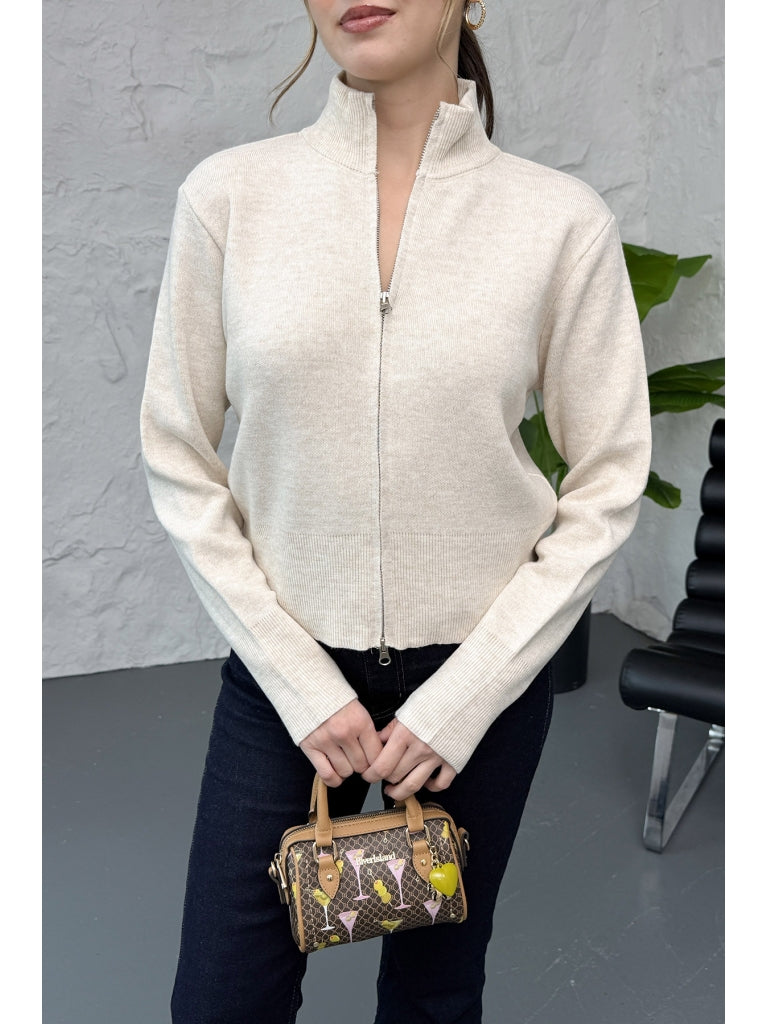 Taş Dik Yaka Fermuarlı Triko Hırka EY0009-TAŞ