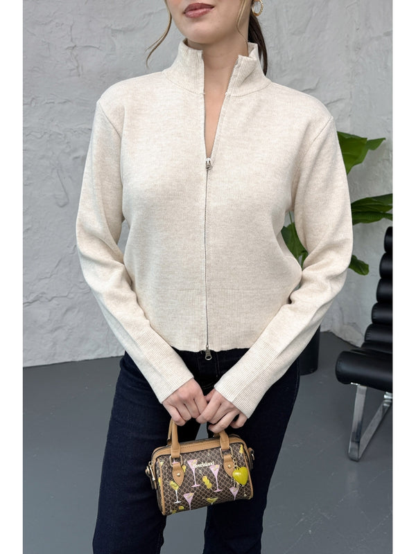 Taş Dik Yaka Fermuarlı Triko Hırka EY0009-TAŞ