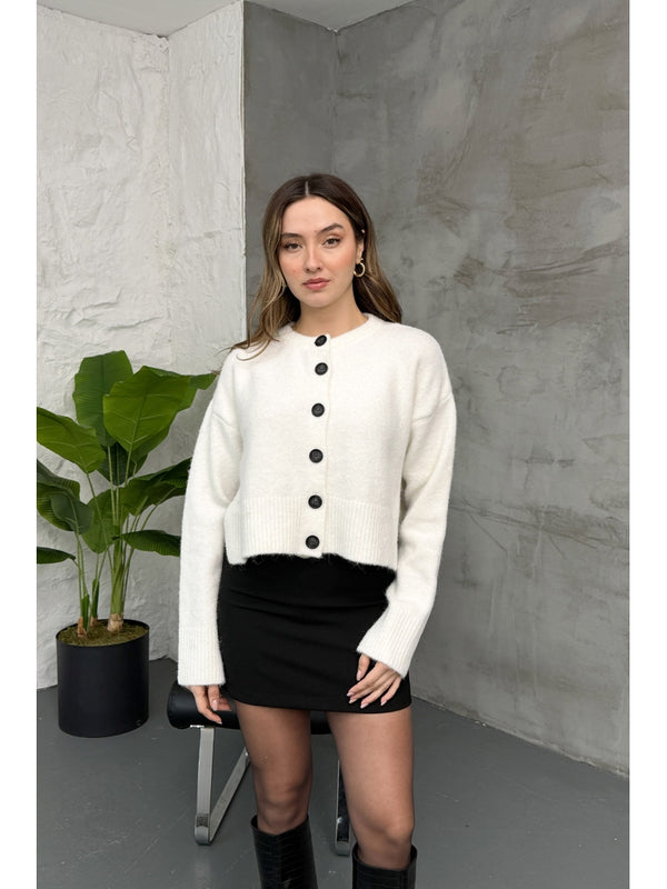 Dilvin Ekru Yırtmaçlı Yumuşak Dokulu Hırka 60280-Ekru