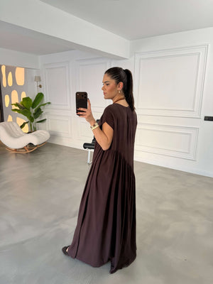 Kahve Yandan Yırtmaçlı Salaş Elbise 0066-Kahve