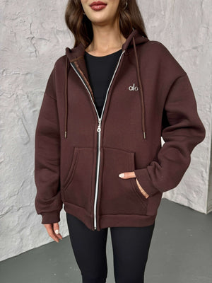 Kahverengi Ön Fermuarlı Kapüşonlu Sweatshirt 4032-Kahverengi