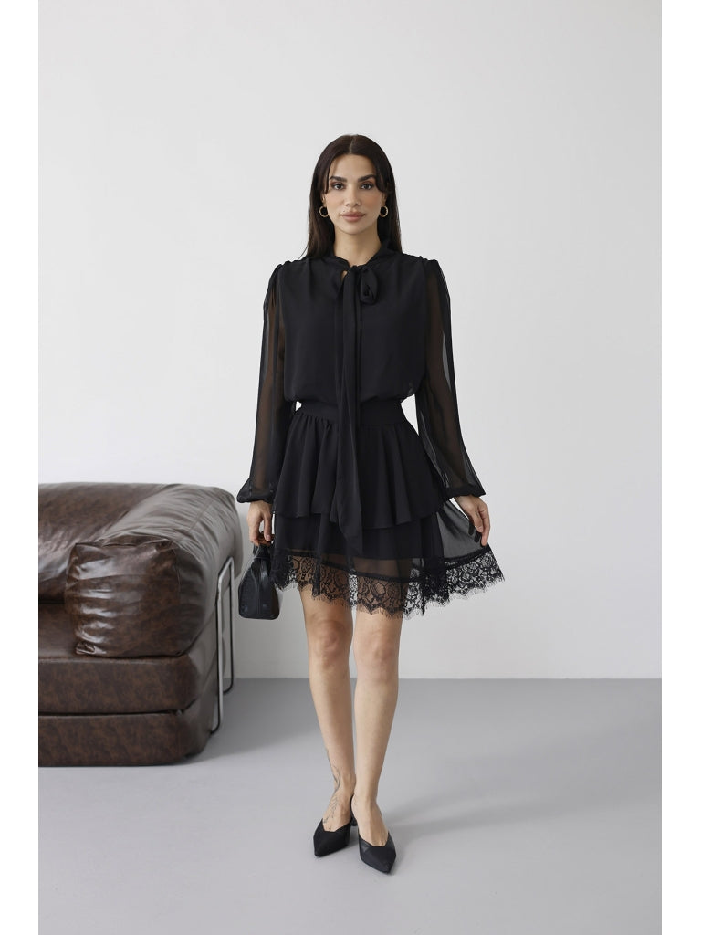 Siyah Eteği Dantelli Şifon Elbise 3890-Siyah