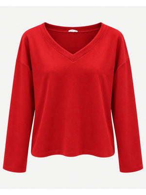 Kırmızı V Yaka Uzun Kollu Sweat M-11094-Kırmızı