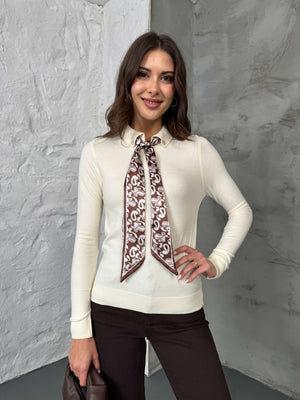 Ekru Polo Yaka Fularlı Massi Model Kazak R0097-Ekru