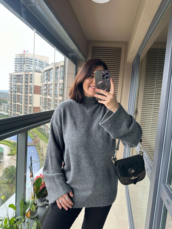 Antrasit Dik Yaka Oversize Kazak