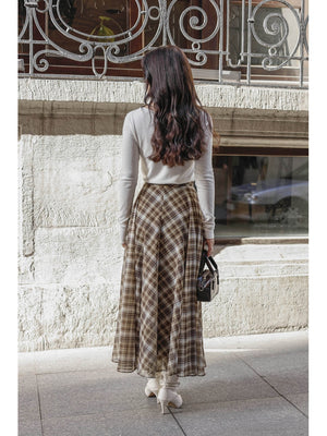 Haki Ekose Detaylı Şifon Etek 0613-Haki