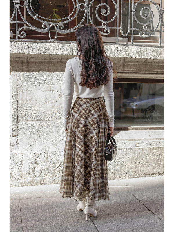 Haki Ekose Detaylı Şifon Etek 0613-Haki