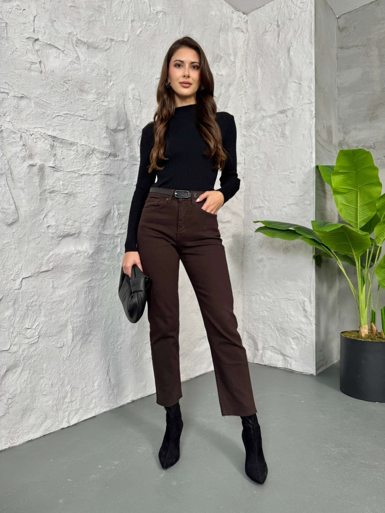 Kahverengi Boy Fit Kesik Paça Orj Jean 2402-Kahverengi