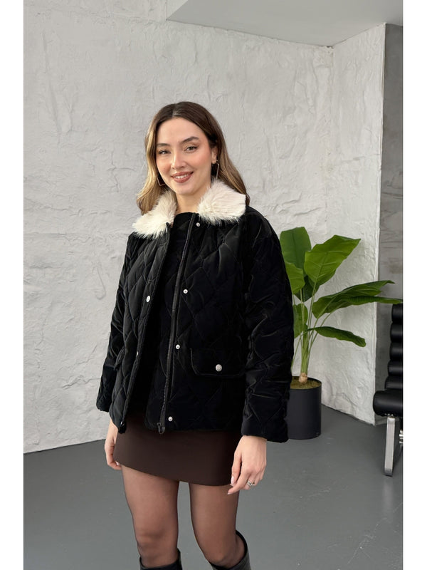 Siyah Yakası Kürklü Kapitone Mont 60559-Siyah