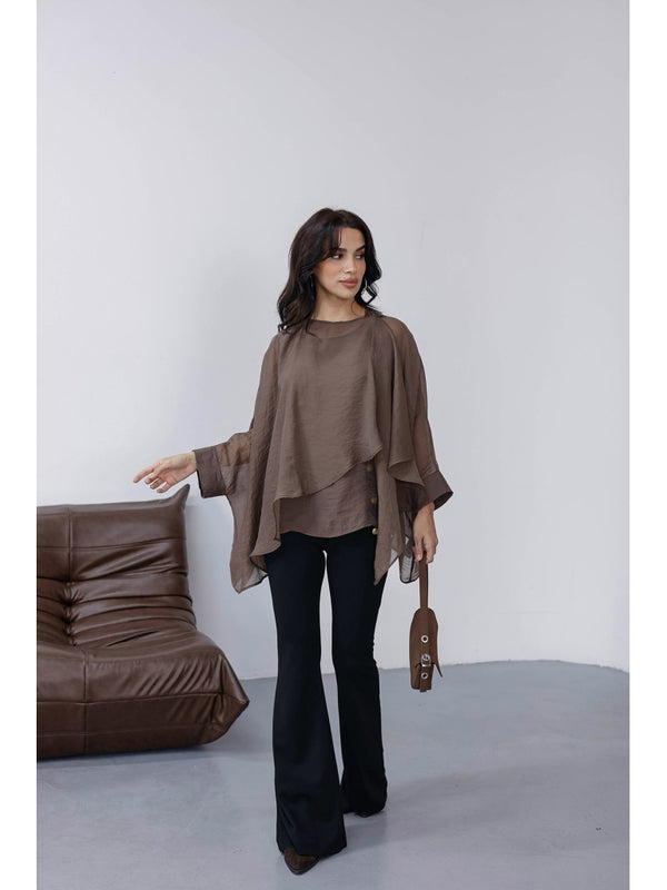 Kahve Tencel Pelerin Bluz 5026-KAHVE