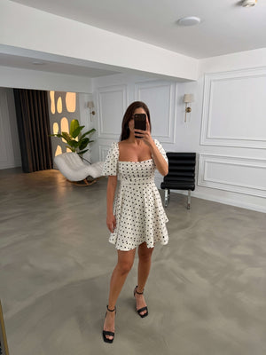 Ekru Balon Kol Puantiyeli Elbise 70007-Ekru