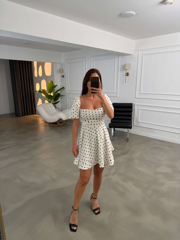 Ekru Balon Kol Puantiyeli Elbise 70007-Ekru