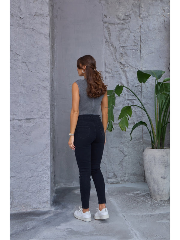 Siyah Likralı Mom Jean