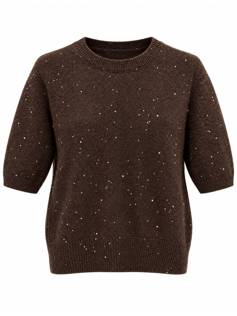 Kahverengi Kısa Kollu Pullu Triko Bluz M-2944-Kahverengi