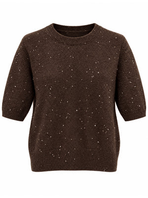 Kahverengi Kısa Kollu Pullu Triko Bluz M-2944-Kahverengi