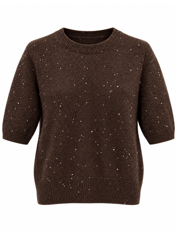 Kahverengi Kısa Kollu Pullu Triko Bluz M-2944-Kahverengi