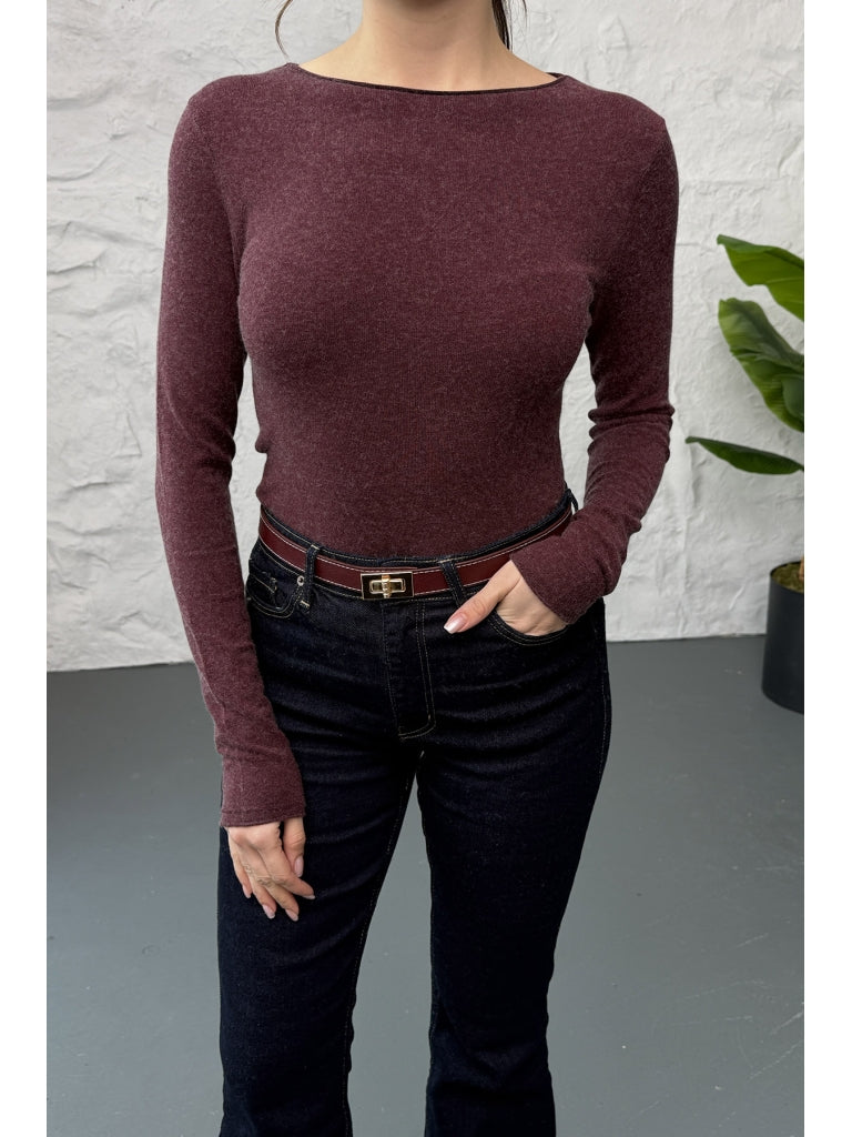 Dilvin Bordo Kayık Yaka Kaşmir Bluz 10840-BORDO