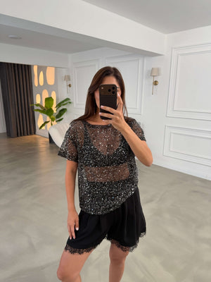 Siyah Pul Payet File Bluz 4248-Siyah