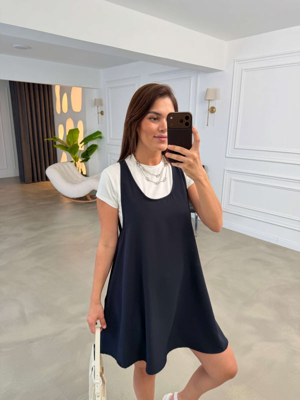 Lacivert Tshirt Detaylı Kısa Elbise Takım 4153-Lacivert