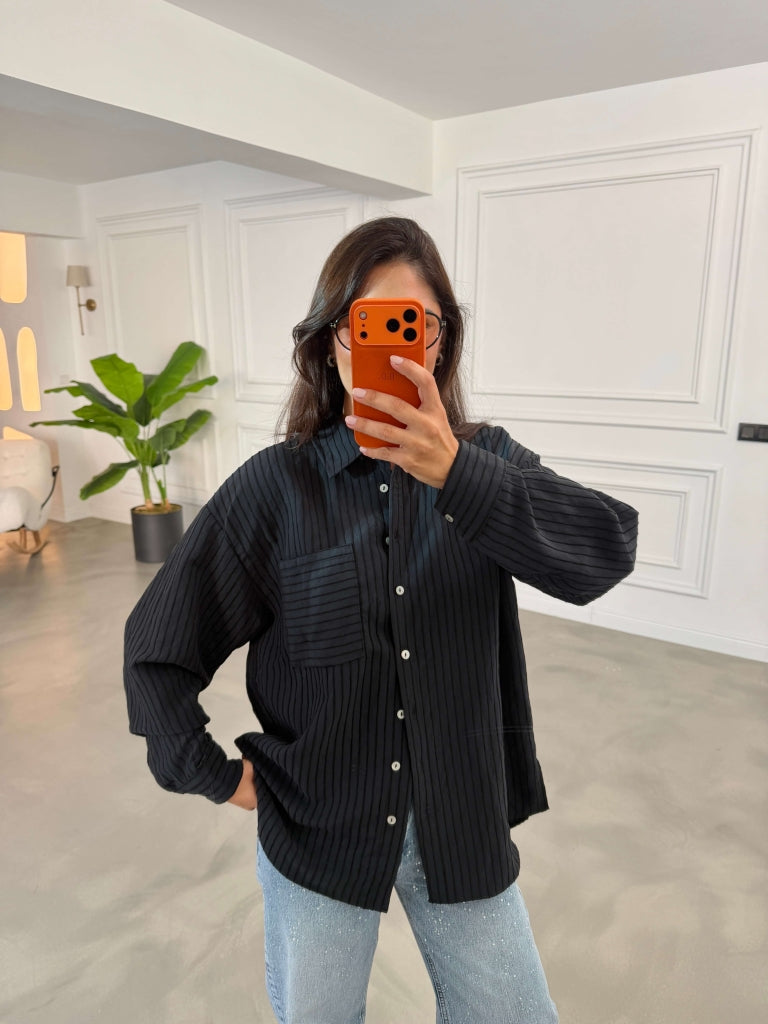 Siyah Fitilli Oversize Gömlek 5000-Siyah