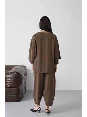Kahve Tek Düğmeli Bluz Pantolon Takım 51189-Kahve