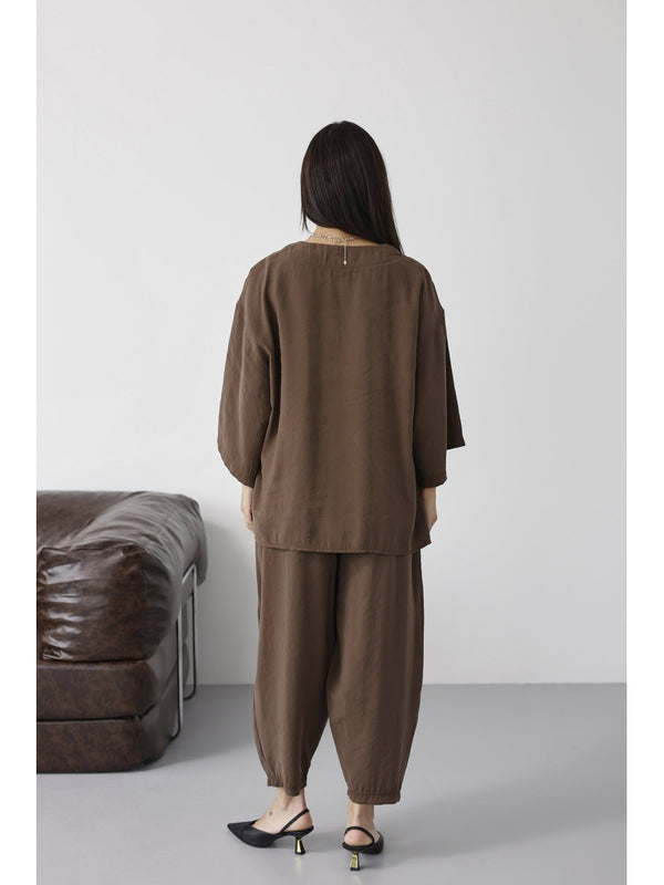 Kahve Tek Düğmeli Bluz Pantolon Takım 51189-Kahve