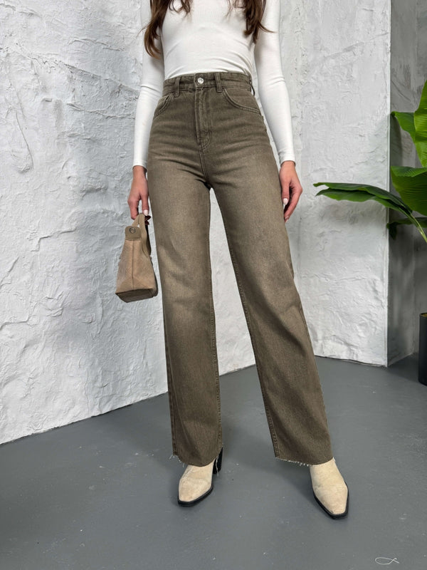 Haki Straight Kesik Paça Jean 21145-Haki