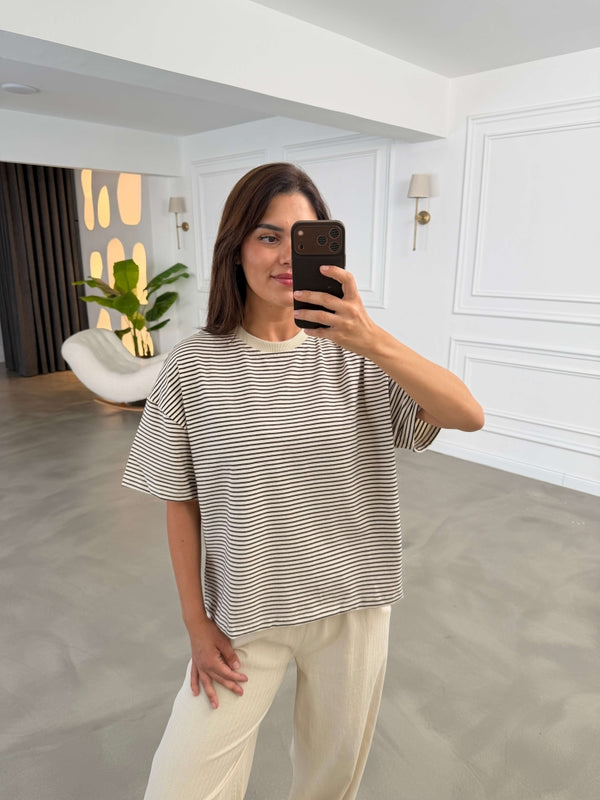 Ekru Çizgili Orj Marka Oversize Tshirt 6274-Ekru