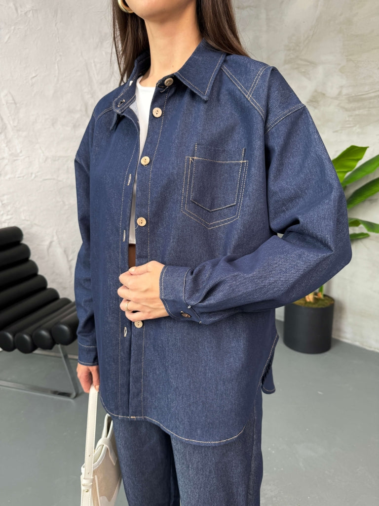 Mavi Dikiş Detaylı İnce Denim Gömlek