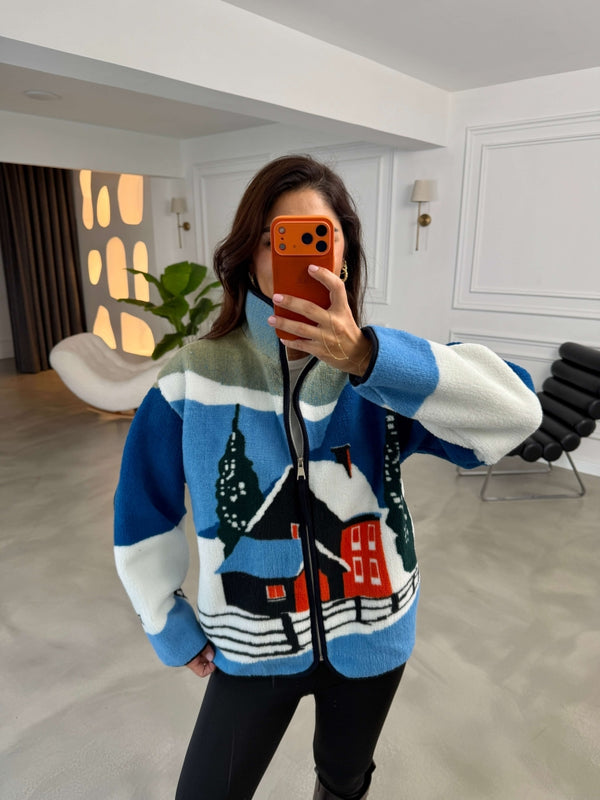 Mavi Dağ Evi Desenli Ön Fermuarlı Peluş Sweat 23313-Mavi