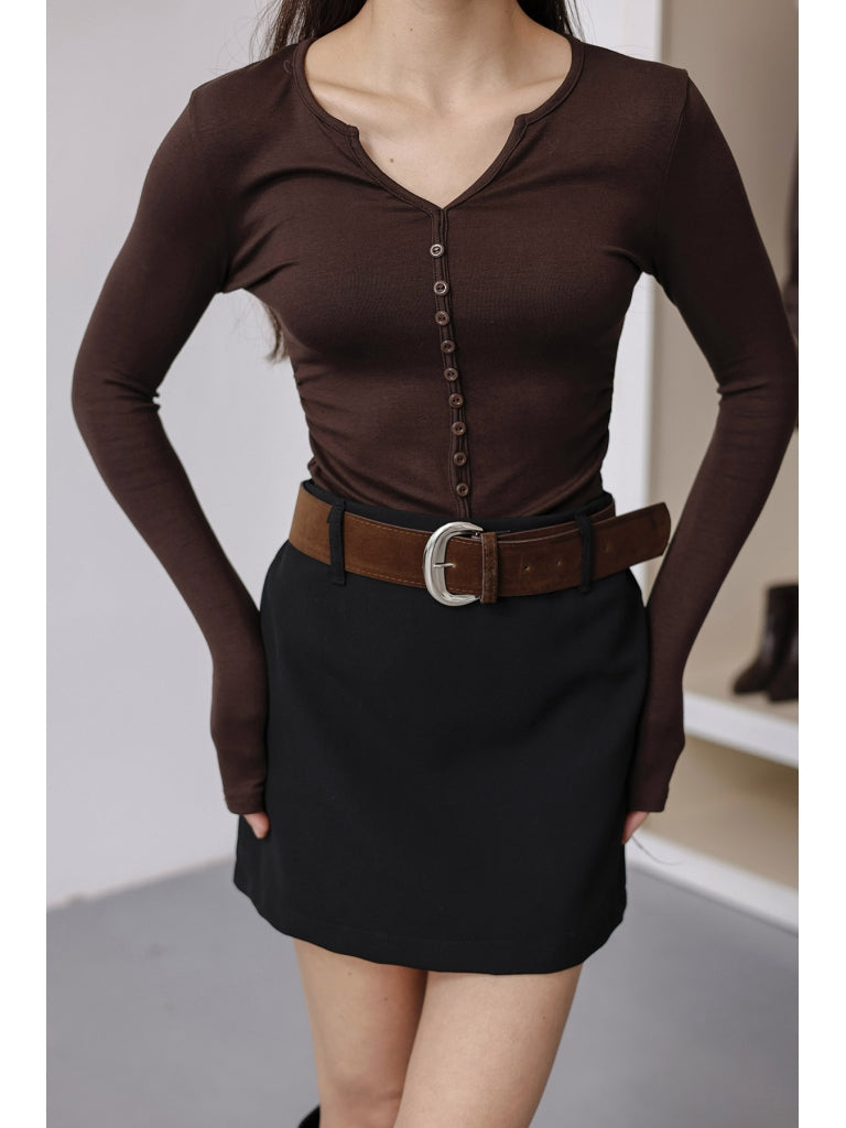 Kahverengi Büzgülü Düğme Detaylı Bluz 1015-Kahverengi