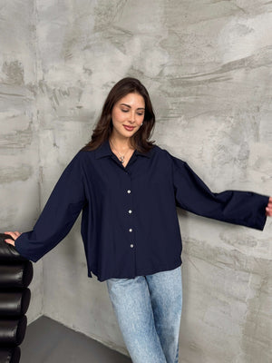 Lacivert Geniş Kol Oversize Gömlek