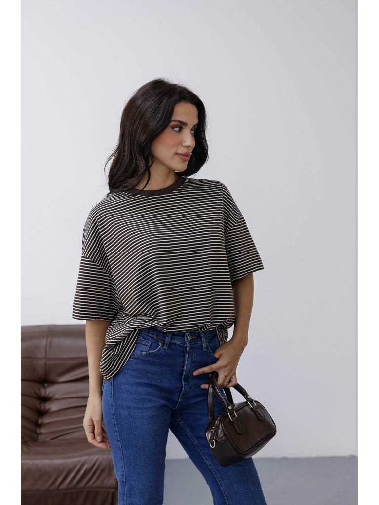 Kahverengi Çizgili Orj Marka Oversize Tshirt 6274-Kahverengi