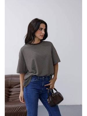 Kahverengi Çizgili Orj Marka Oversize Tshirt 6274-Kahverengi