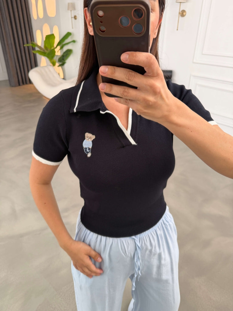 Siyah Polo Yaka Teddy Nakışlı İnce Triko Bluz 2791-Siyah