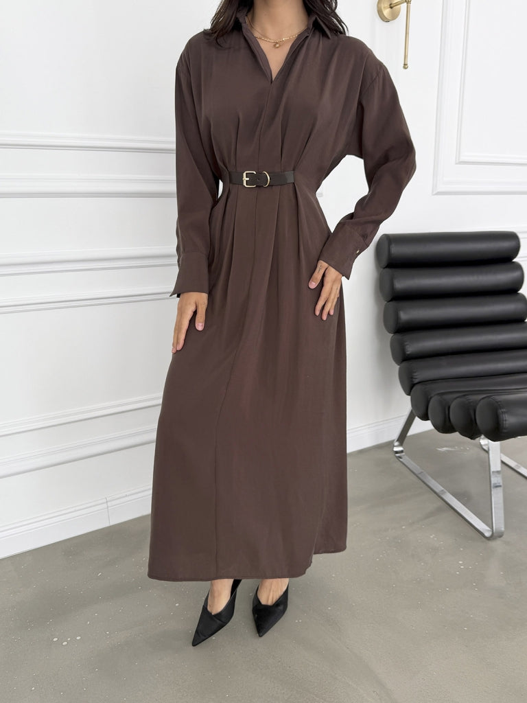 Kahverengi Kendinden Kemerli Tensel Elbise 3397-Kahverengi