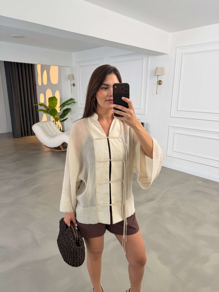 Taş İp Bağcıklı Tencel Gömlek 5098-Taş