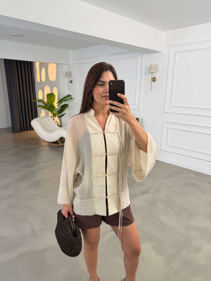 Taş İp Bağcıklı Tencel Gömlek 5098-Taş
