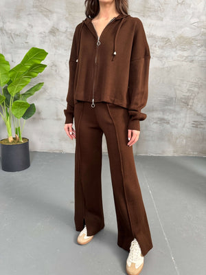 Kahverengi Kapşanlu Çift Fermuarlı Takım 0091-KAHVERENGİ