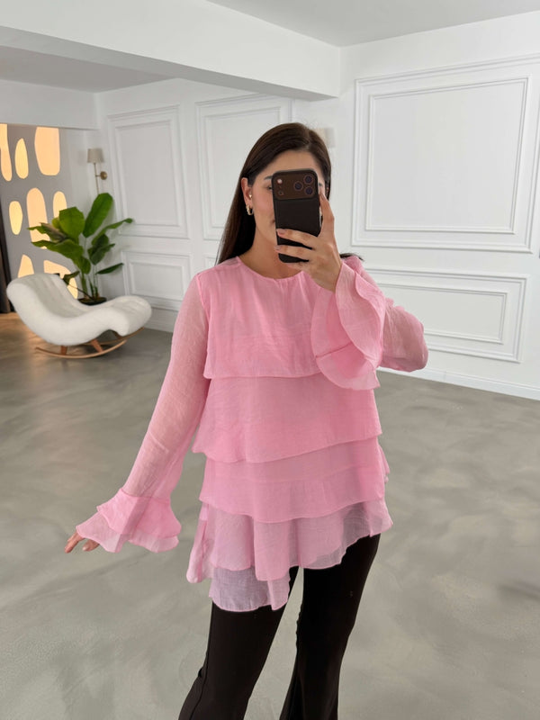 Pembe Fırfırlı Transparan Bluz 5049-Pembe