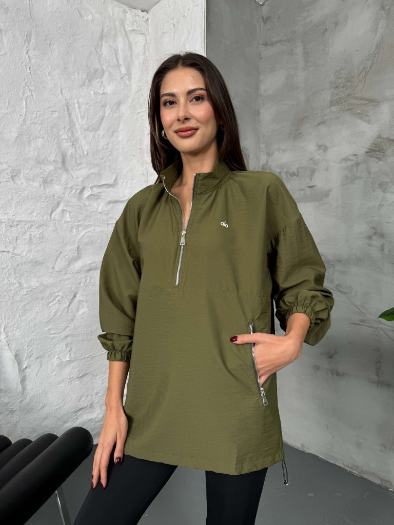 Haki Paraşüt Kumaş Fermuarlı Sweat