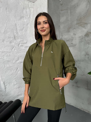 Haki Paraşüt Kumaş Fermuarlı Sweat
