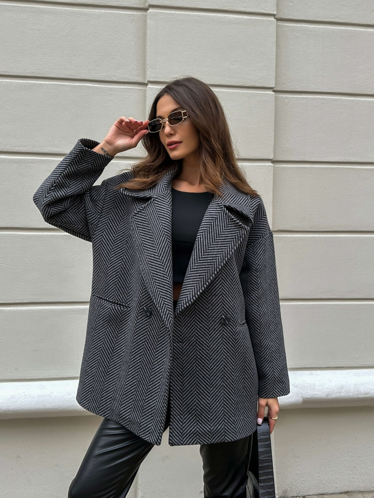 Antrasit Balık Sırtı Oversize Astarlı Kısa Kaban