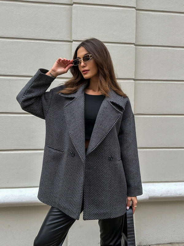 Antrasit Balık Sırtı Oversize Astarlı Kısa Kaban