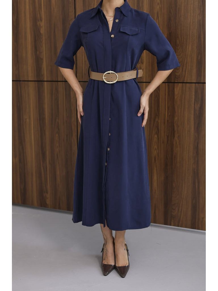 Lacivert Cep Detaylı Kısa Kol Elbise 8124-Lacivert