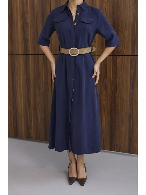 Lacivert Cep Detaylı Kısa Kol Elbise 8124-Lacivert