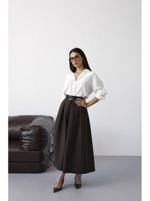 Kahverengi Pileli Kemer Detaylı Etek 0580-Kahverengi