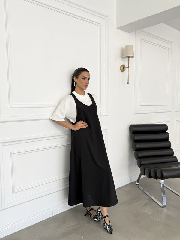 Siyah Tshirt Detaylı Salaş Elbise 4131-Siyah