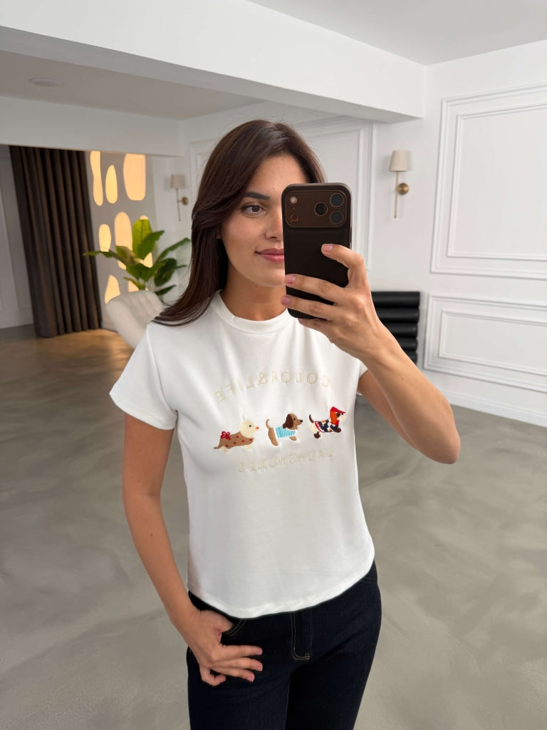Ekru Figür Nakışlı Tshirt 6997-Ekru