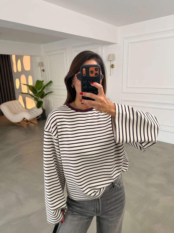 Beyaz Bordo Çizgili Oversize Sweat 12613-Bordo